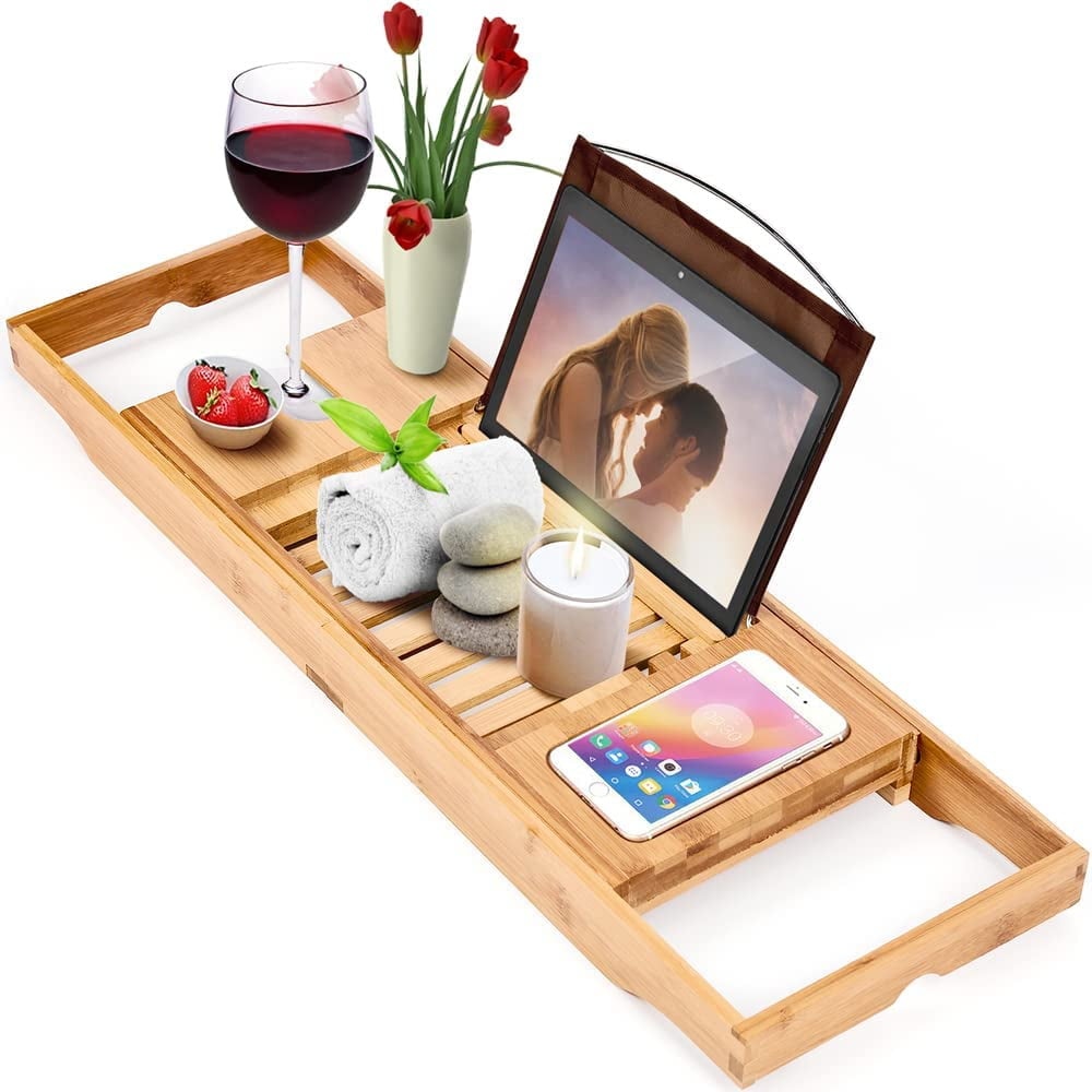 Bathtub Caddy Tray Table with Adjustable Height, Freestanding Bath Caddy  Tray with Reading Rack, Tablet Holder, Cellphone Tray and Wine Glass  Holder