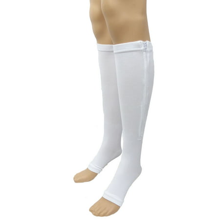 Zipper Pressure Compression Socks Support Stockings Leg - Open Toe Knee High - 20-30mmHg - Helps Circulation, Varicose Veins, Swollen Legs, Zipper - White Large (Best Support Stockings For Varicose Veins)