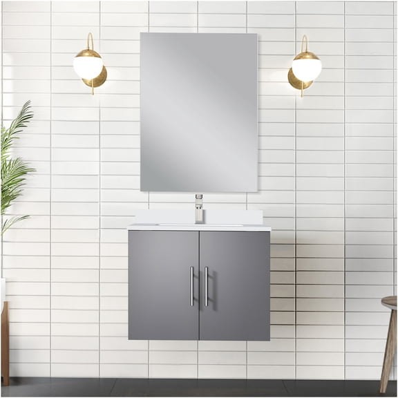 JERFIT 24 inch Bathroom Vanity Set with Quartz Countertop, Soft-Close Cabinet & Large Mirror, Modern Single Sink Vanity in Dark Grey