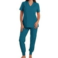 thumbnail image 3 of Stamzod 2 Piece Scrubs for Women Set Solid Color V Neck Short Sleeve Pullover Tops and Jogger Pants Casual Comfy Nursing Scrubs Sets for Women Blue L, 3 of 3