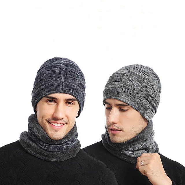 2 Gorro de punto cálido para invierno para hombre Gorro de felpa para el cuello Gorro de felpa europeo y americano Babero grueso resistente al agua fría para invierno (gris + azul marino)