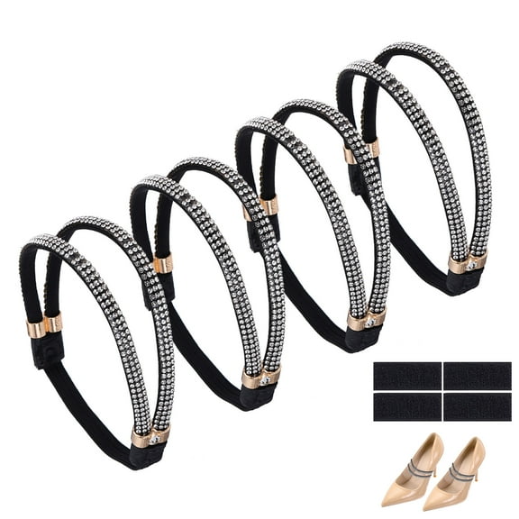 Uxcell 4 Pairs High Heels Shoe Straps, Rhinestone Elastic Shoe Straps Heels Detachable Ankle Straps Replacement Shoelace Crystal for Women Loose Slippers Sandals, Black,Silver