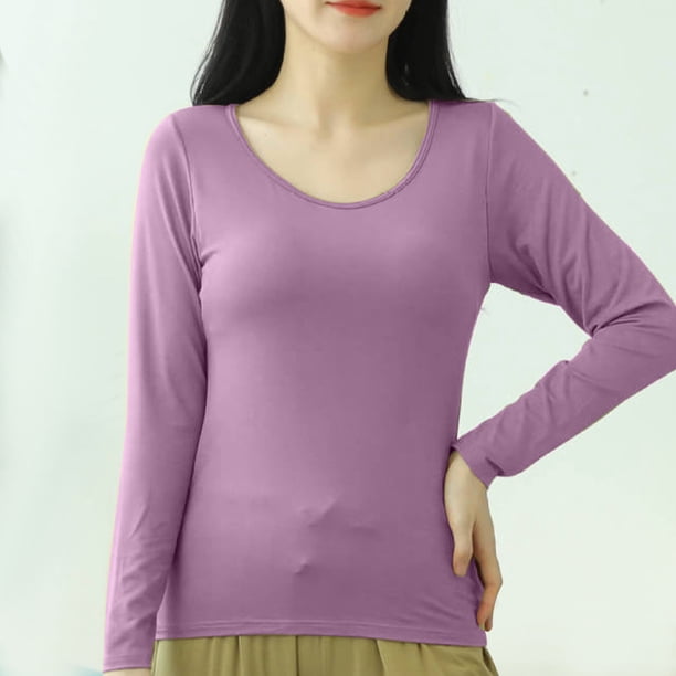 Pijama de manga larga para mujer, color liso, manga larga, cuello redondo, con copa acolchada, ropa de casa, pijama modal para mujer