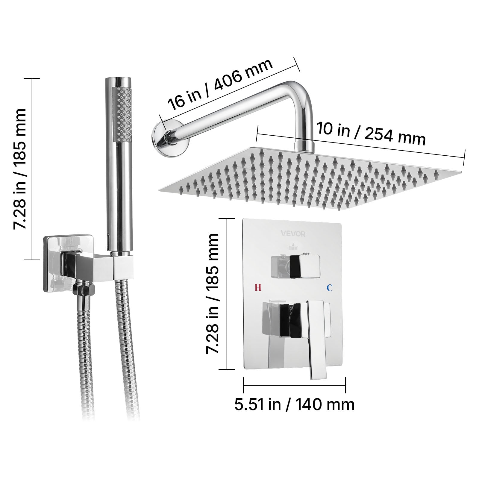 VEVOR Shower Faucet Set, Rainfall Bathroom Shower System with 10-Inch Square Rain Shower Head and Handheld Spray, Wall Mounted Bath Fixtures with Brass Valve and Trim Kit, Silver Chrome