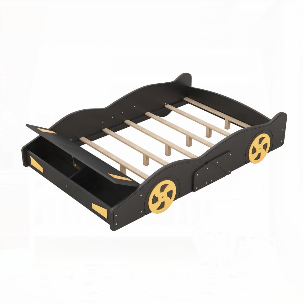Solid Pine Wood Race Car Bed with Storage & Wheels | Black+Yellow