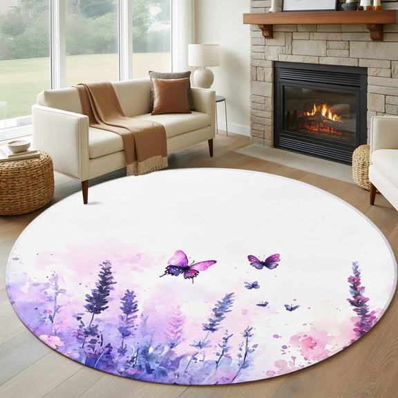 Purple Lavender Round Area Rug 6 FT, Non Slip Bedroom Area Rug, Butterfly Flowers Spring Watercolor Washable Soft Circular Carpet Non-Shedding Floor Mat for Kitchen Dining Room Home Office Kids Room
