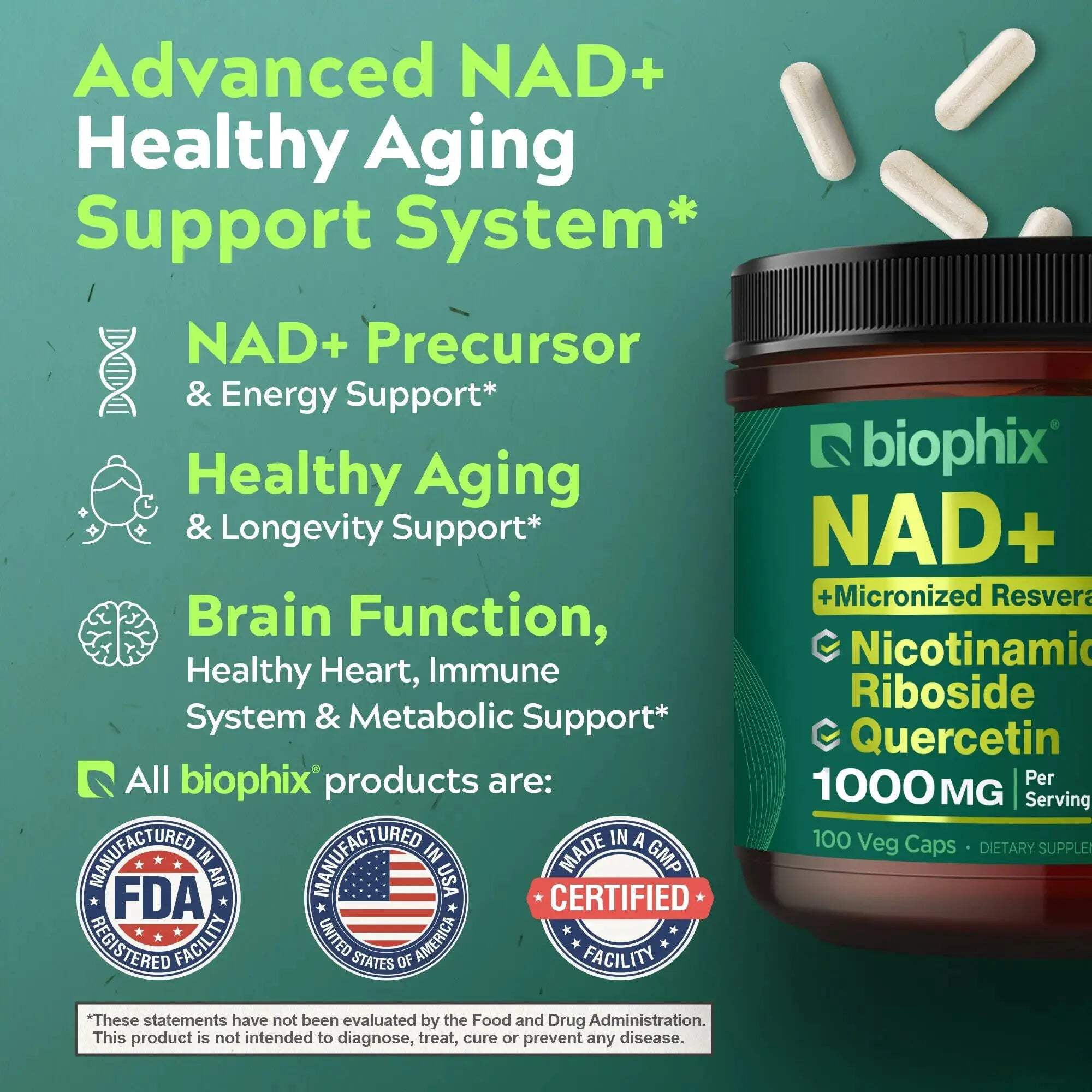 biophix NAD+ Micronized Resveratrol - Nicotinamide Riboside with Quercetin 1000mg per Serving 100 Veg Capsules