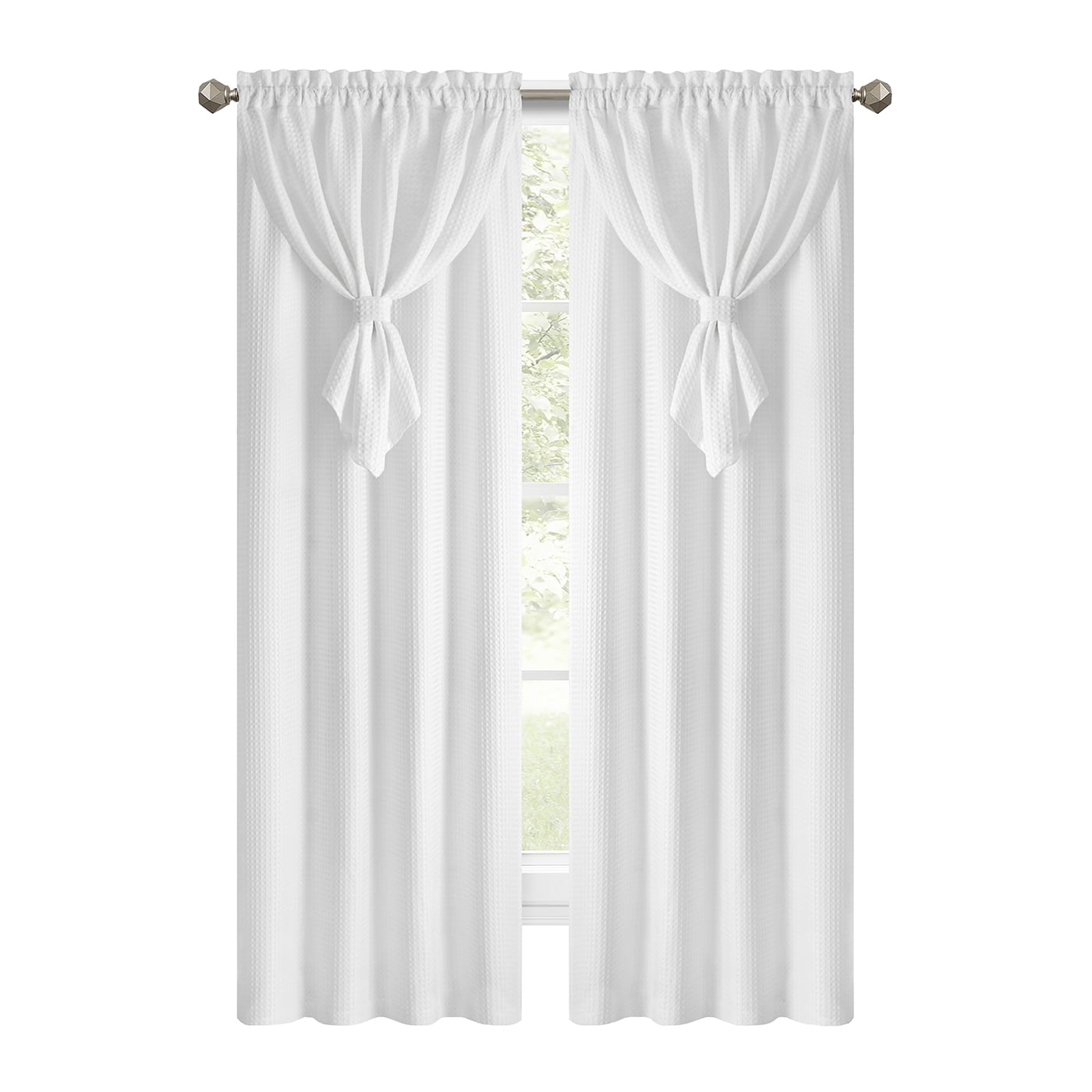 PowerSellerUSA Rod Pocket Blackout Window Curtains Panel with Attached Valance All-In-One 1-Piece Neutral Texture Home Curtains Set for Elegance, 42" x 63", White