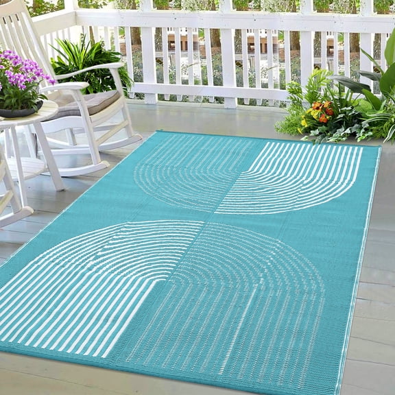 Garvee 8'x10' Outdoor Rug Carpet, Waterproof Reversible Patio Rug Portable Modern Indoor Outdoor Rug for RV Camping Balcony Deck Backyard, Blue