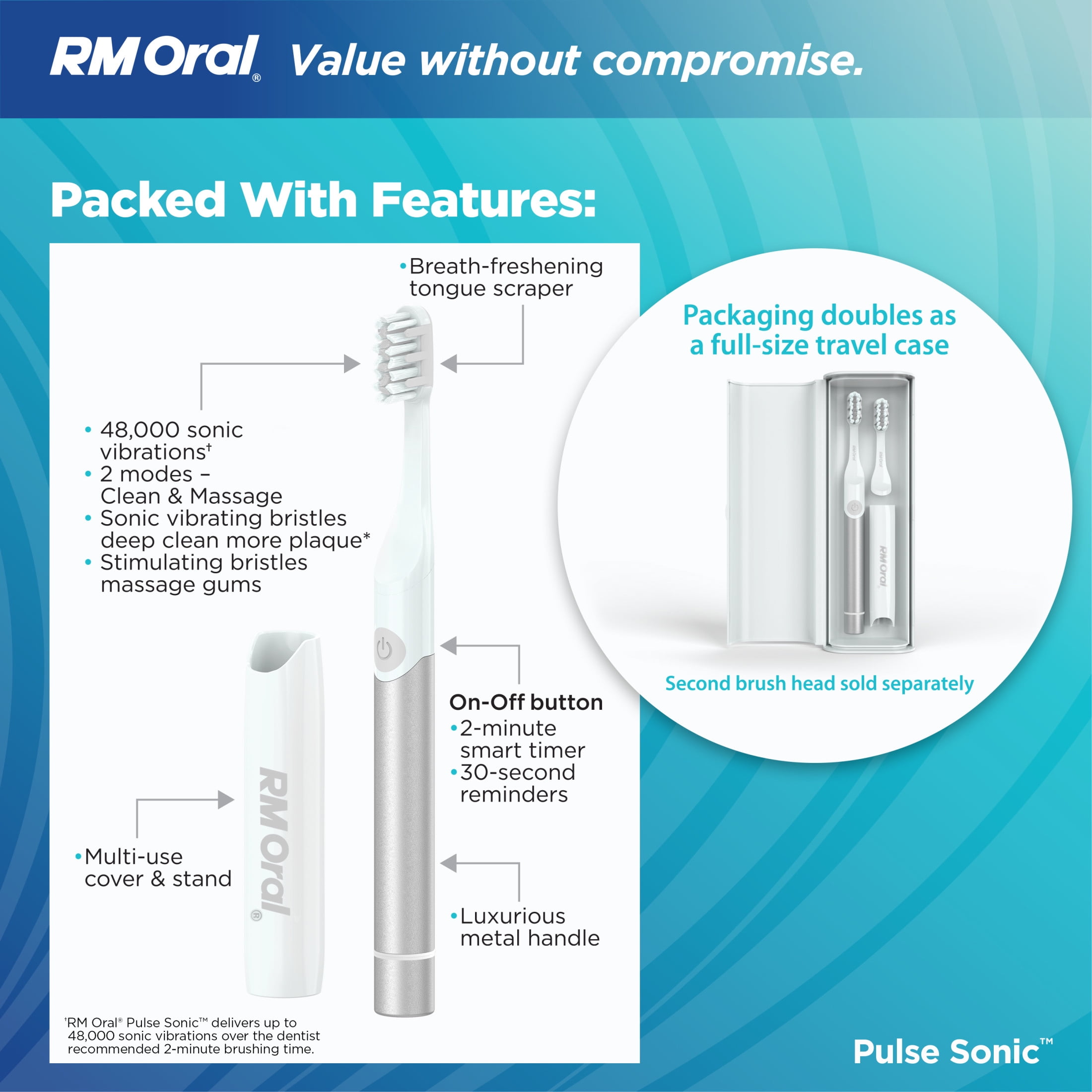 RM ORAL Pulse Sonic Powered Toothbrush, Metal Handle, Case, Soft - Silver