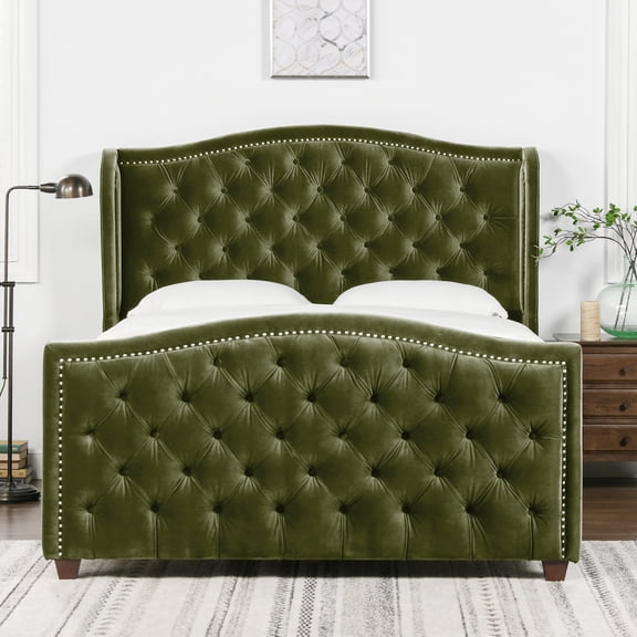 Miekor Furniture Marcella Upholstered Shelter Headboard Bed Set, Queen, Olive Green Performance Velvet 04964