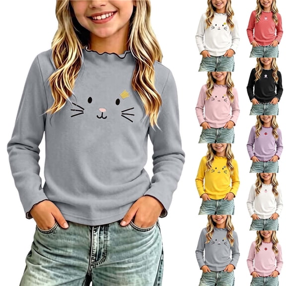 Spazoro Toddler Girls 100% Cotton Shirts, Ruffle Neck Fall Cute Pattern Long Sleeve Casual Basic Tee Tops for Girls Gray Size 3-4T