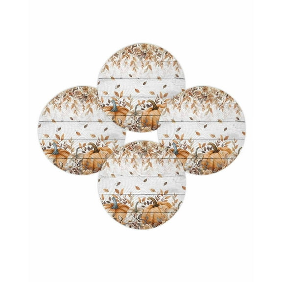 Fall Round Placemats Set of 4 Pumpkin Place Mats Thanksgiving Woven Placemat Fallen Fallen Leaves Roses Wood Circle Braided Table Mat for Kitchen Dining Table Autumn Party Home Decor 15 Inch