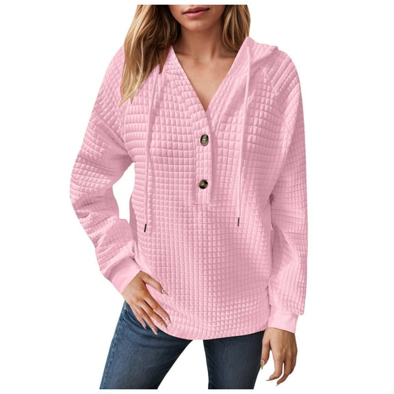 Xudanell Lightweight Hoodies for Women Solid Color Sweatshirts Square Quilted Button Sweatshirt Womens Clothes Trendy Outerwear Pink M