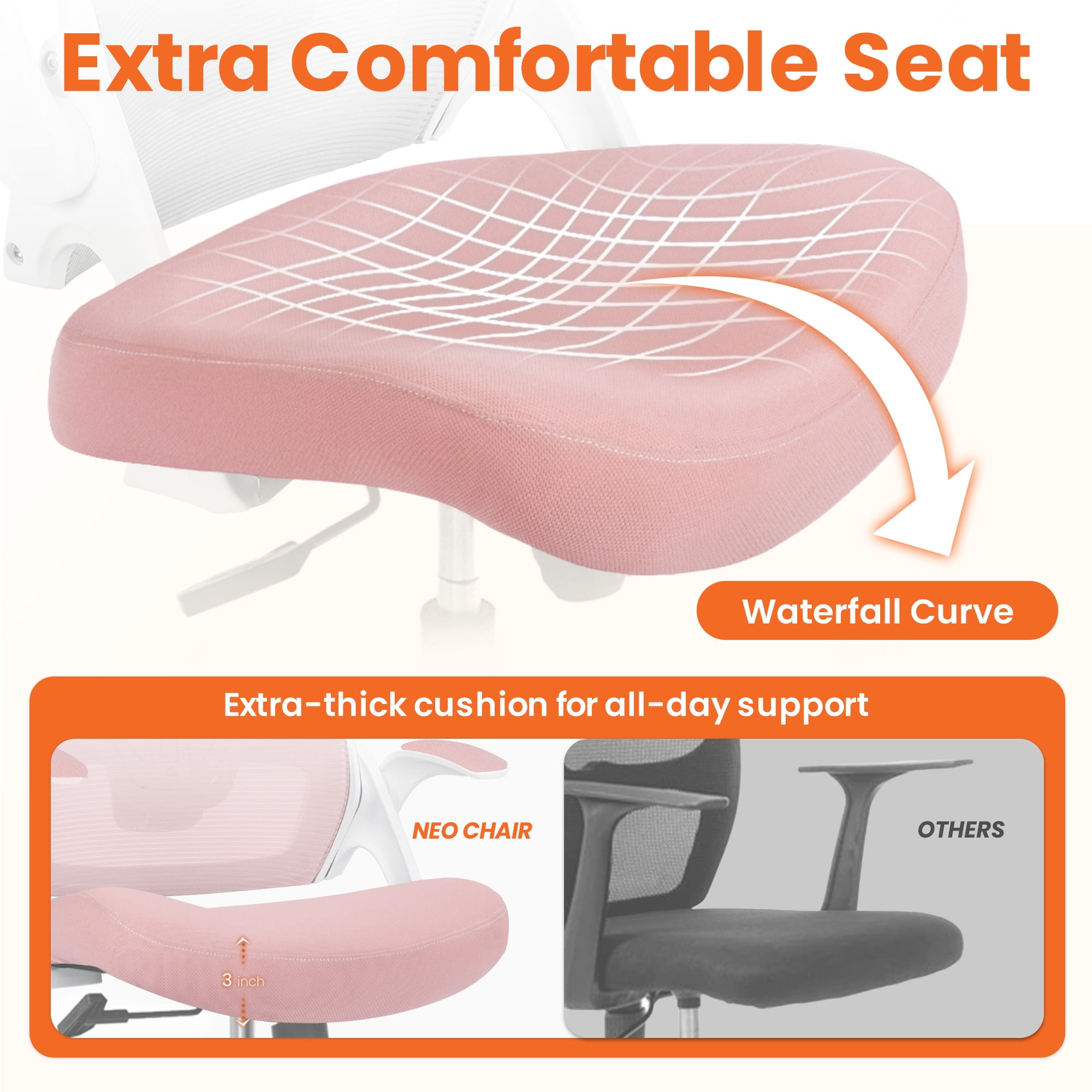 NEO Chair Office Desk Chair Gaming Computer High Back Support Mesh Comfy Seat with Adjustable Ergonomic Headrest Lumbar Rolling Flip-up Armrests and Wheels (Headrest Pink)