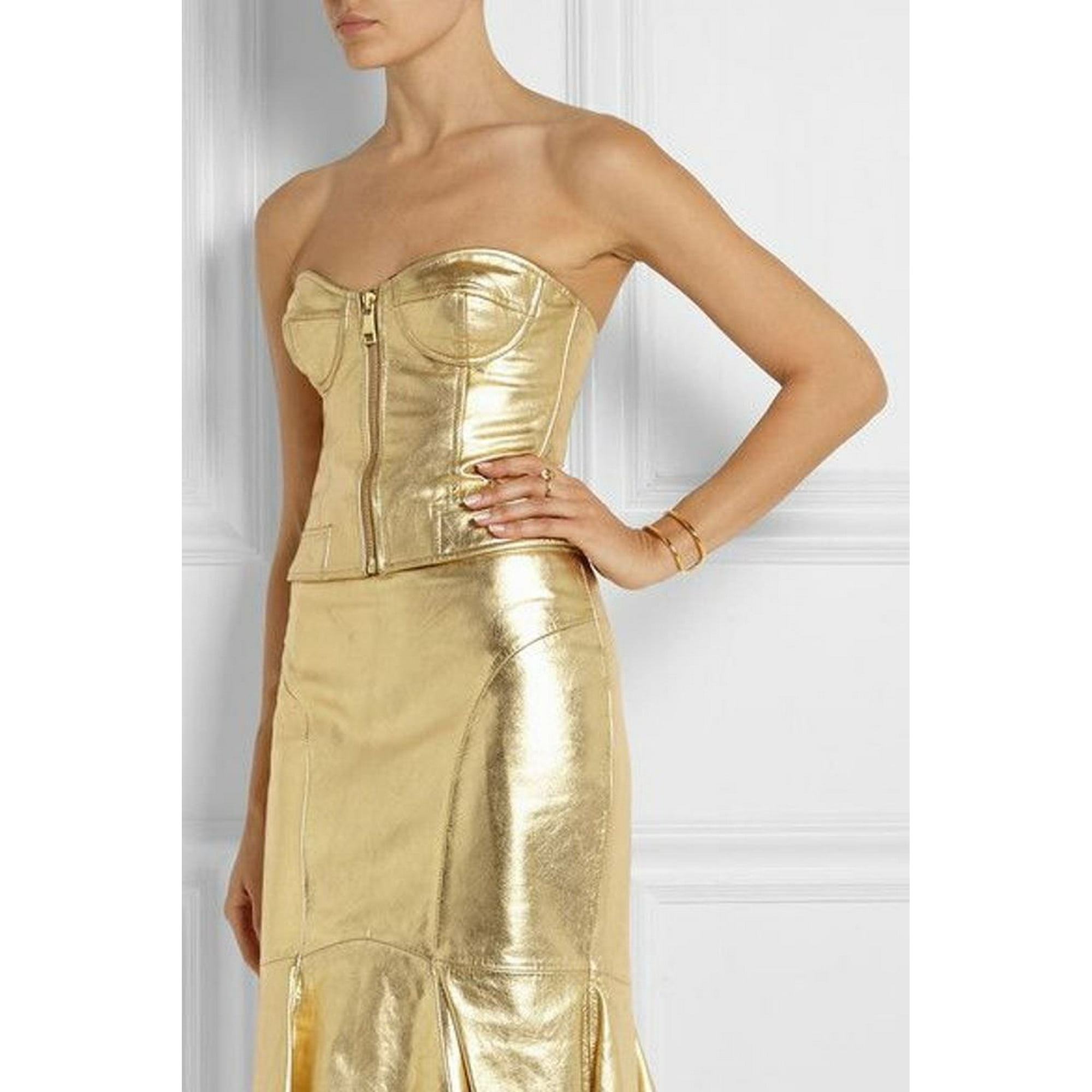 Moschino Cheap Chic Gold Metallic Leather Zip Bustier Top 10 Gold