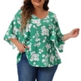 thumbnail image 1 of Blusas de verano casuales para mujer de tallas grandes Agnes Orinda, con estampado floral, escote en V, mangas 3/4 y diseño fluido, color verde 1X, 1 of 6