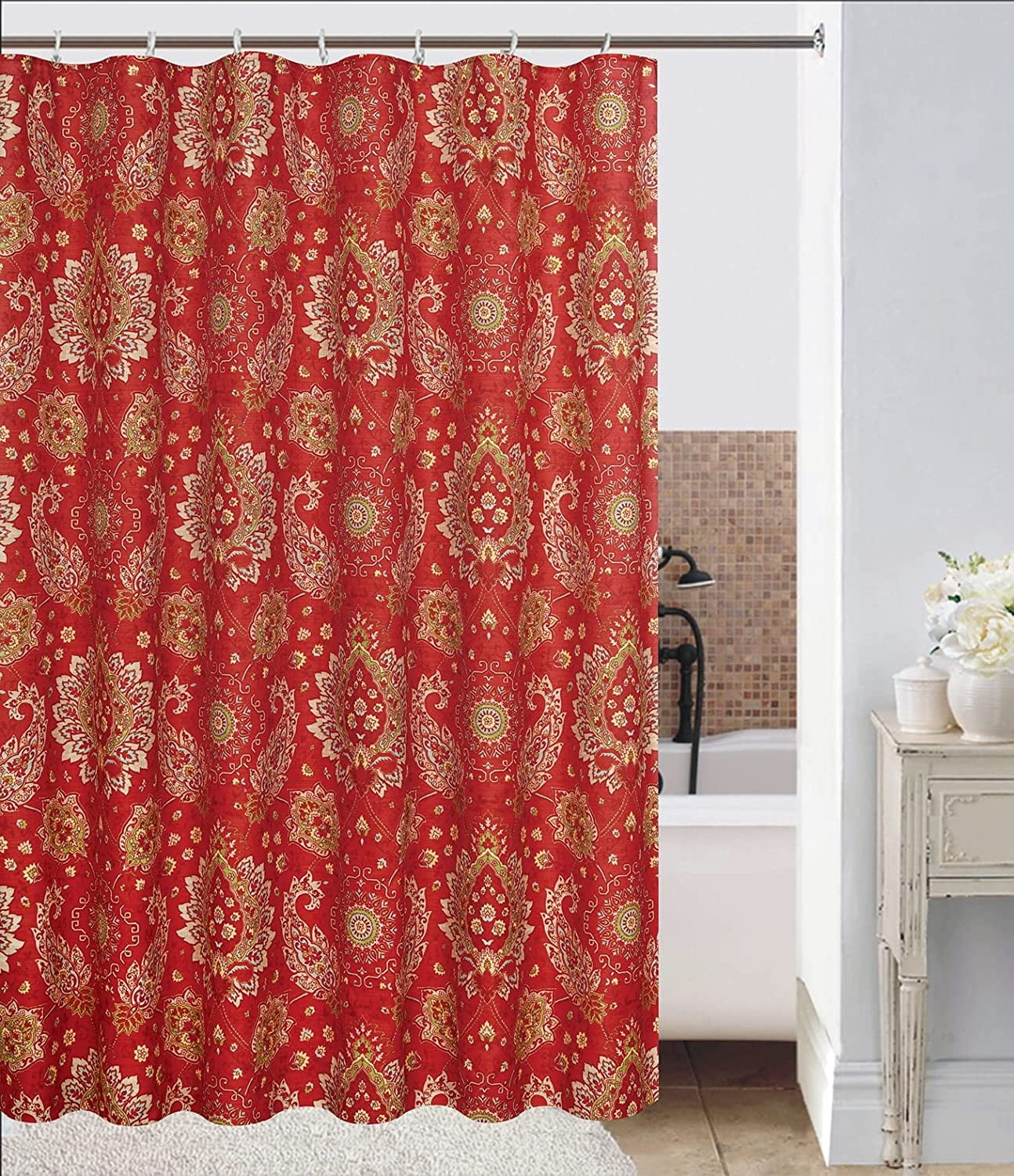 Fabric Shower Curtain 72" X 72", Frisco Red Printed Bathroom Curtains