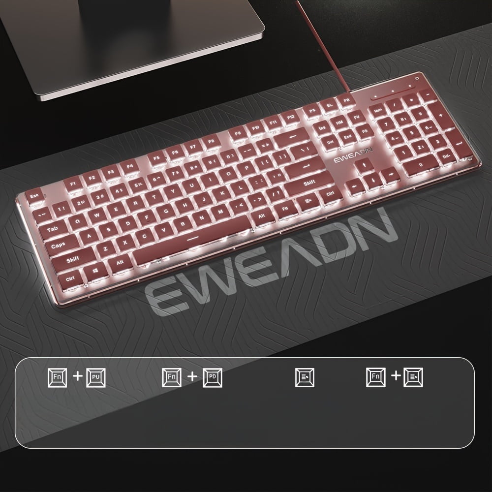 A stylish keyboard with an all-metal panel, 104-key wired connection, comfortable keycaps, silent buttons, and white backlighting. Suitable for gaming and office work, compatible with Windows laptops