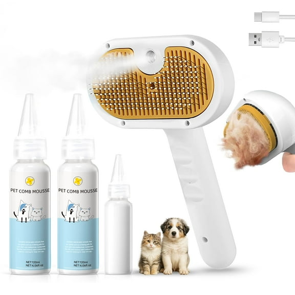 Pet Steam Brush for Dog & Cat – shower bath brush – Steam for Shedding & Grooming Water Brush for Long & Short Haired Pets Spritz Defur Comb 3-in-1 Spray Hair Removal Comb Includes 2*Waterless Shampo