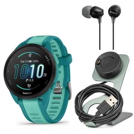 Garmin Forerunner 165 Music GPS Running Smartwatch (Turquoise-Aqua) Bundle with Focus Camera Charger Stand for Garmin Smartwatches and In-Ear Earbud Headphones (Black) (3 Items)