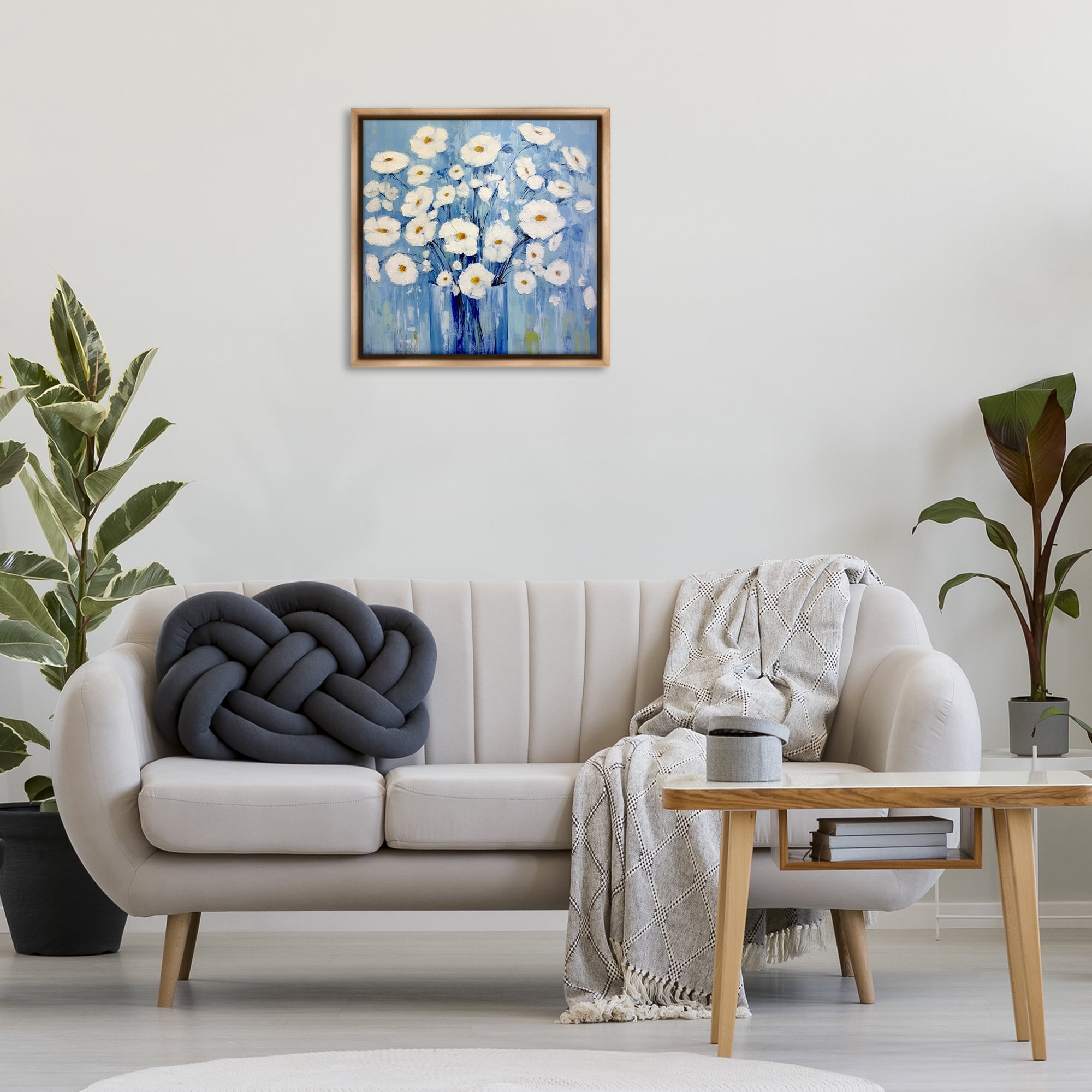 Stupell Industries Bold Blooms on Blue Plants & Flowers Painting Brown Floater Framed Canvas Art Print Wall Art, 25 x 25