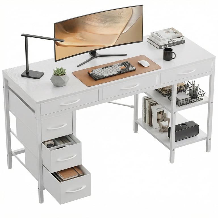 CONCETTA 55 inch Computer Desk with 6 Drawers & 2 Open Shelves