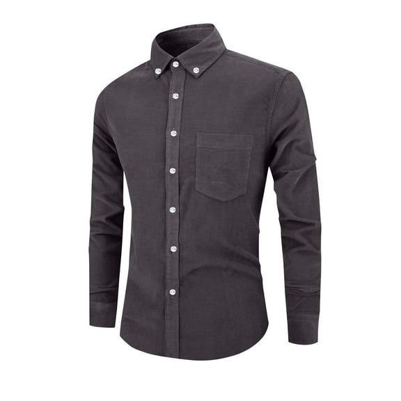 USNSM Men's Business Wedding Casual Shirt Solid Color Fashion Corduroy Long Sleeve Button Shirts Lapel Pocket Tops Gray S