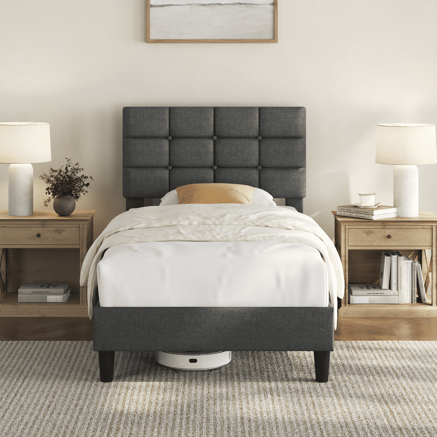 Renwick Twin Upholstered Bed Frame with Square Tufted Headboard, Dark Gray