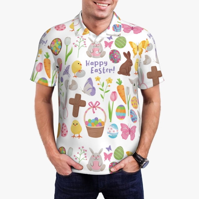 Fotbe Happy Easter1 Camiseta Polo de Golf para Hombre con Estampado – Camisa Deportiva Transpirable con Cuello Abotonado-Medium