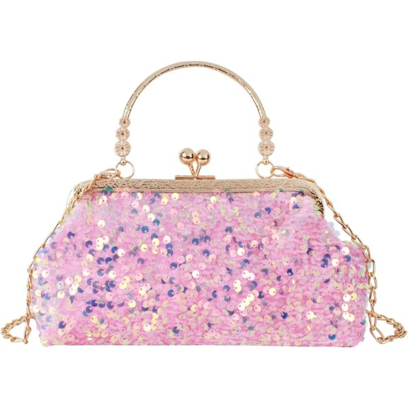 LinYooLi Women Mini Glitter Sequin Evening Handbag Clutch Metal Top-handle Bag Chain Strap Cross-body Bag