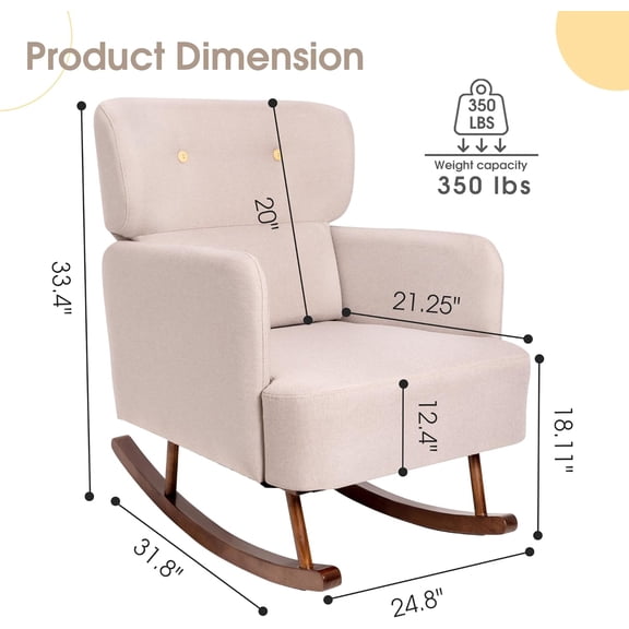 Fabric Rocking Chair for Nursery, Rocking Chair Indoor for Living Room, Modern Glider Rocker, Thick Padded Seat Side Armchair (Khaki)