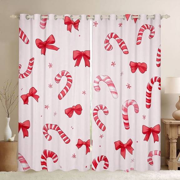 Homewish Cute Cartoon Bowtie Black Out Curtains,Sweet Candy Cane Curtains Pack of 2 (42x63 Each),Red Bow Ribbon Bedroom Curtains For Girls Kids,Breathable Home Decor