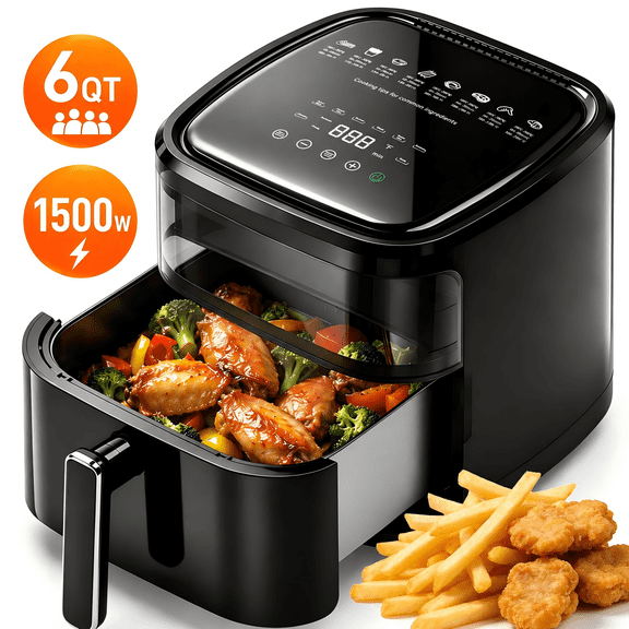 FRESHDEW 6Qt Digital Air Fryer with Visible Window, 8-in-1 Presets, Touchscreen, 1500W Air Fryer Oven, 24H Delay Start, Non-stick Basket