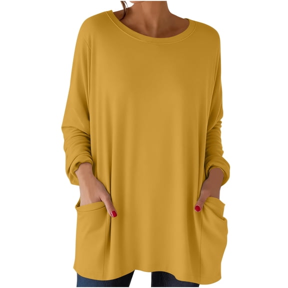 Posijego Womens Long Sleeve Shirts with Pockets Spring Casual Oversized T-Shirts Round Neck Solid Color Basic Tees