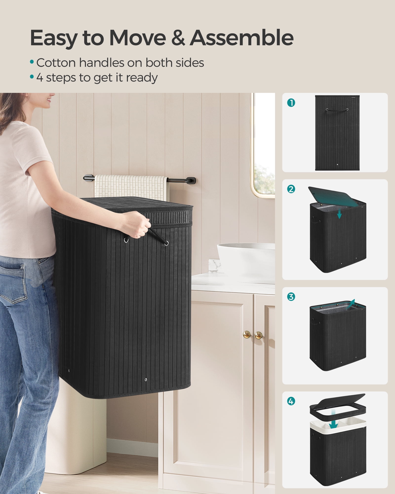 150L Laundry Hamper with Lid Bamboo Laundry Basket Removable Machine Washable with Handles for Laundry Room Bedroom Ink Black