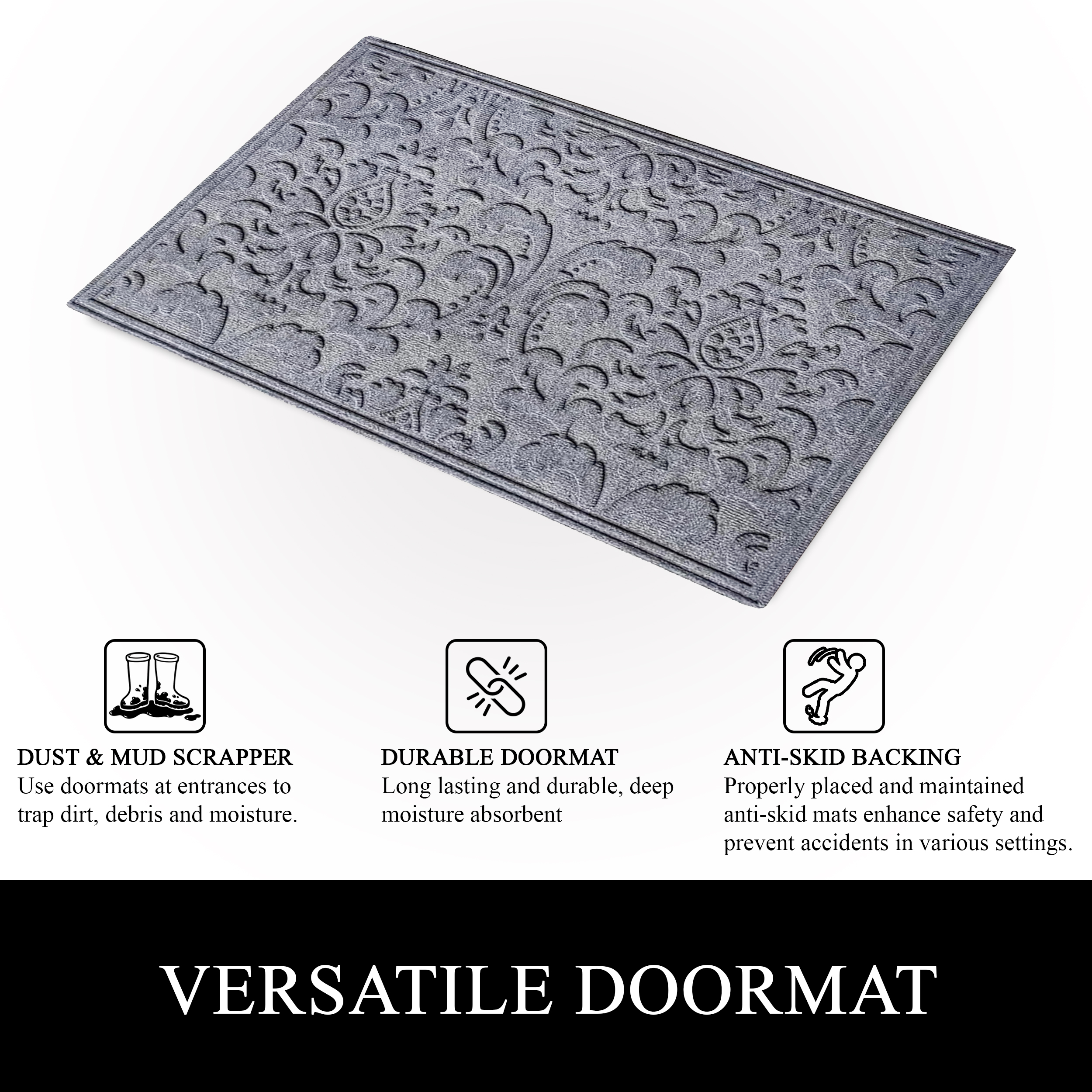 A1HC All Weather Dirt and Moisture Absorbing Polypropylene(PP) Door Mat with Tire Crumb Rubber Backing, Indoor Outdoor Use, Light Grey, 24x36 Inch