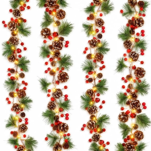 Scidweet Christmas Garland Decorations, 2Pcs 6.5FT Christmas Garland with Lights & Red Berries Pine Cones Bells Ornaments for Indoor Outdoor Xmas Decor
