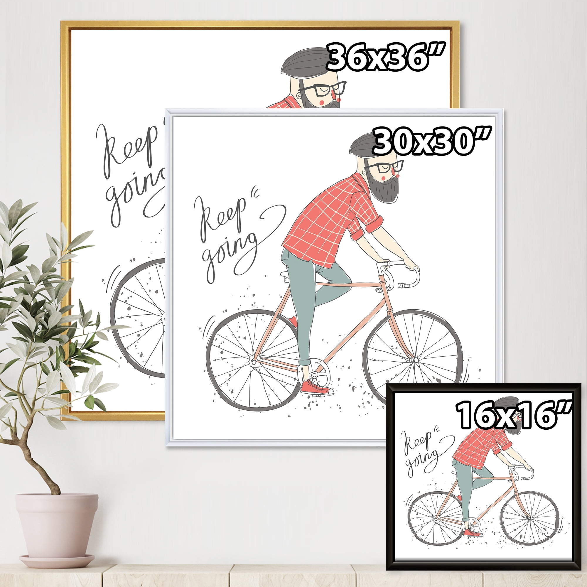 Designart 'Hipster Man Riding A Bicycle' Children's Art Framed Canvas Wall Art Print