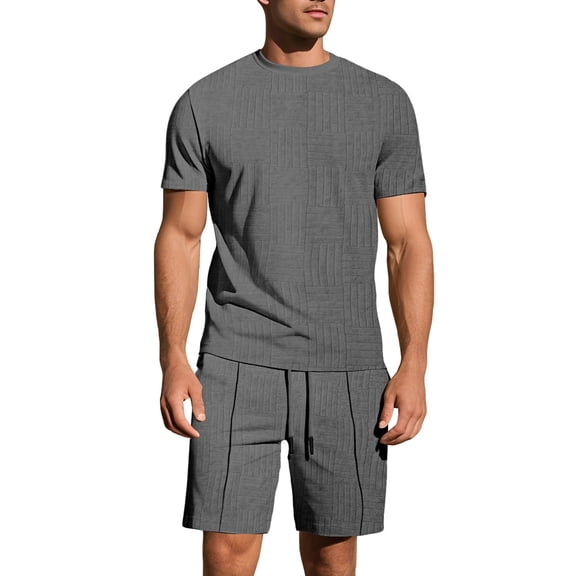 Thousandth Men's Summer Casual Loungewear Short Sleeved Round Neck Pullover T-Shirt Top with Elastic Waist Pocket Shorts Set Pajama Set