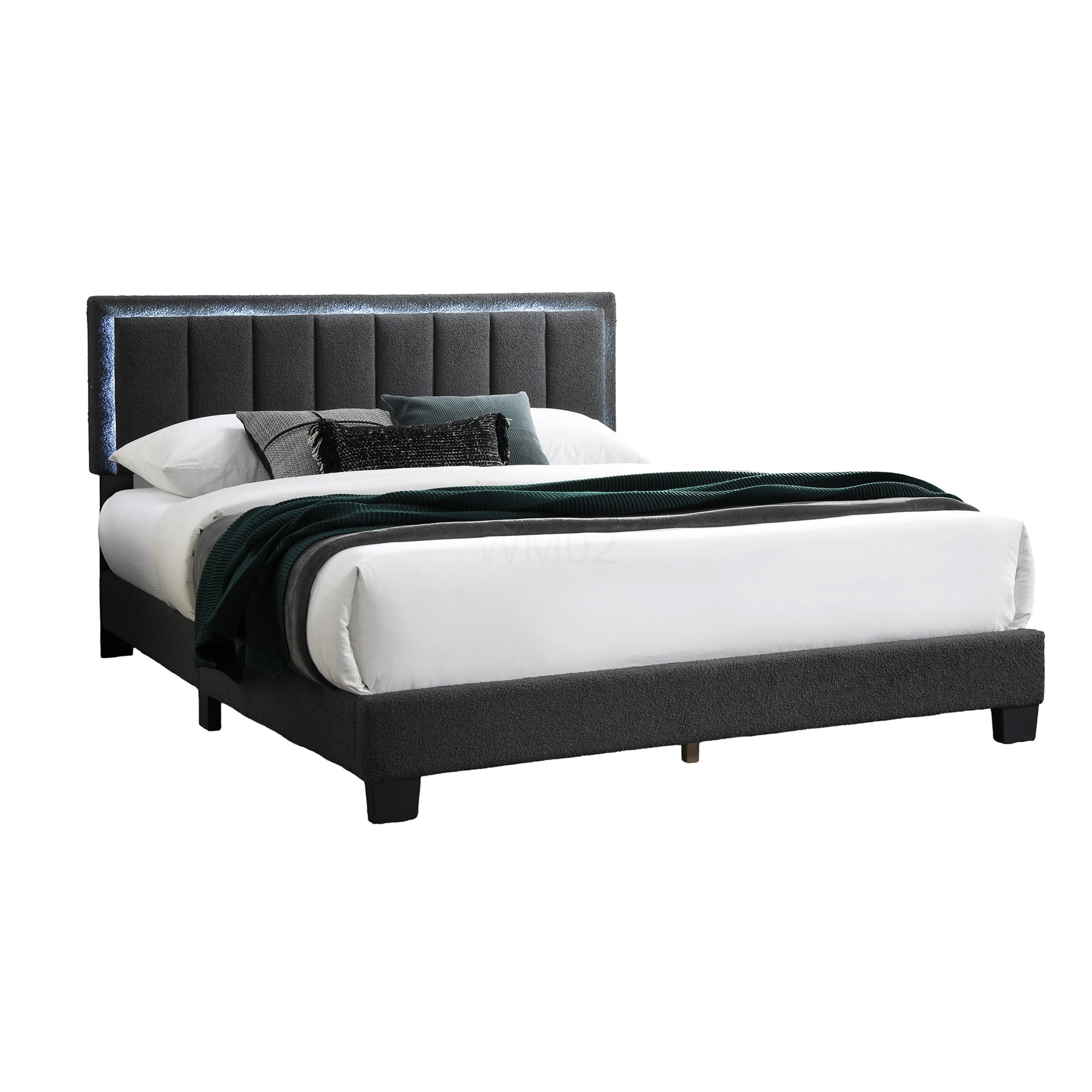 Queen Size Upholstered Bed Frame with LED Headboard, Channel Tufted Fabric Platform Bed, Modern Bedroom Furniture