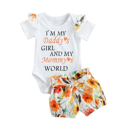 

Baby Girls 2PCS Summer Outfits Short Sleeve Letter Print Bodysuit + Floral Shorts Set