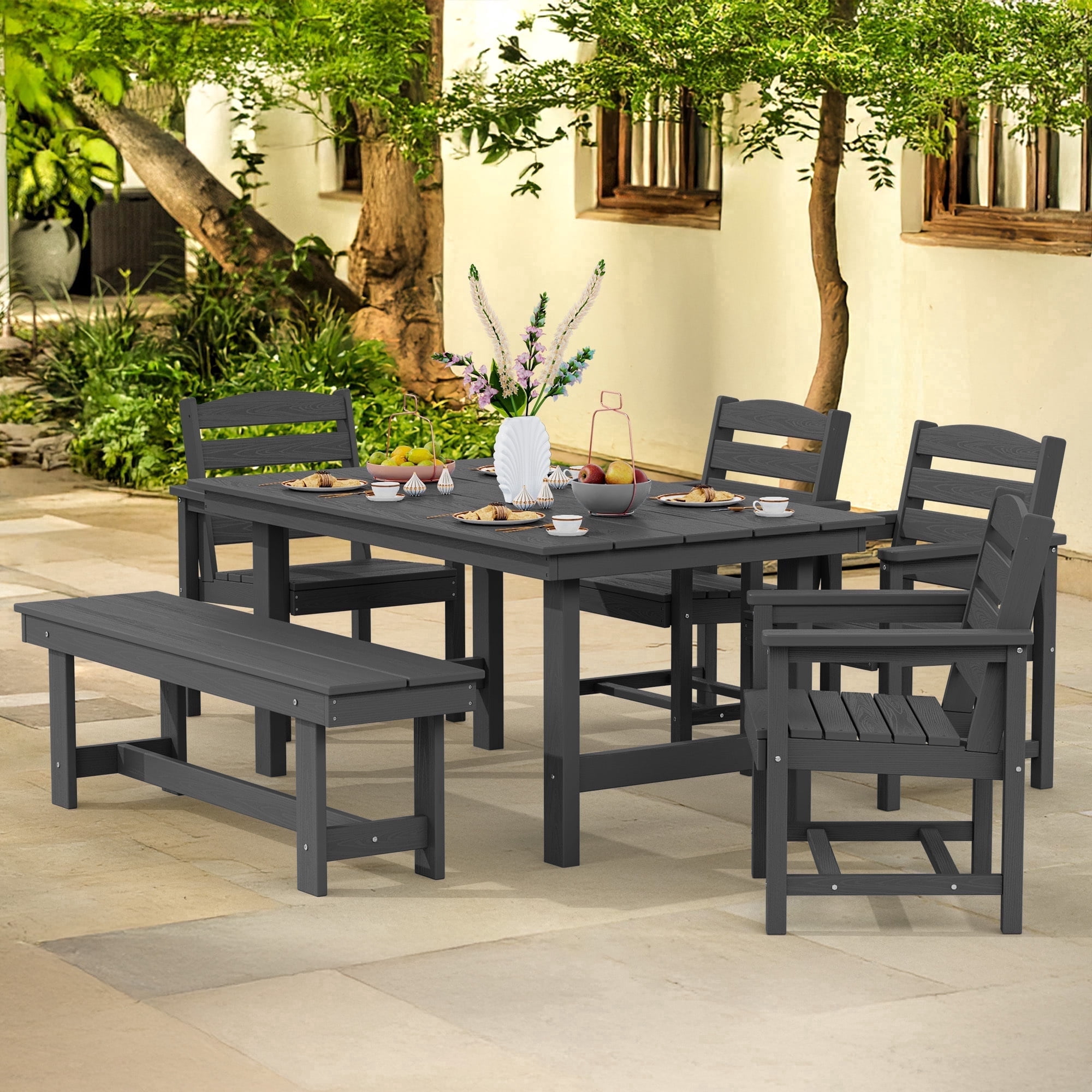 LOYALICE 6 Pieces Patio Furniture Set, HDPE Outdoor Dining Table Set with 1 Bench, 4 Chairs, Durable and Weather-Resistant for Patio, Garden and Balcony Use, Gray