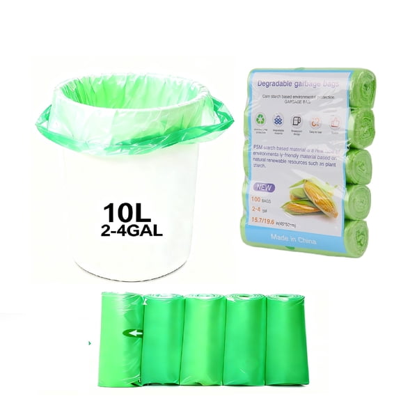 Green Biodegradable Small Trash Bags, 2-4 Gallon (10L) - 100 Count (5 Rolls), Thickened Leak-Proof Liners for Kitchen, Bathroom, Bedroom & Office, PE & Corn Starch Blend