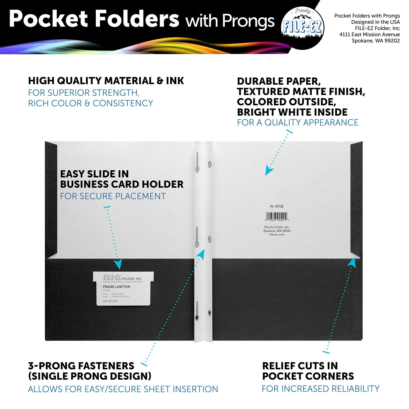 FILE-EZ Two-Pocket Folders with 3-Prong Fasteners, Black Color, 25-Pack, Durable Textured Paper, Matte Finish, Letter Sheet Size (EZ-62505)