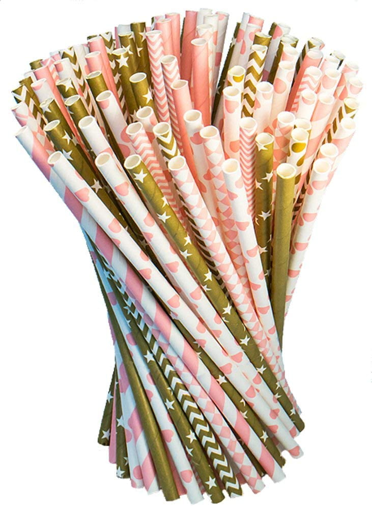 Ipalmay 100 PCS Metallic Rose Gold Solid Paper Drinking Straws Vintage Paper Straws for Baby Shower Weeding and Parties 