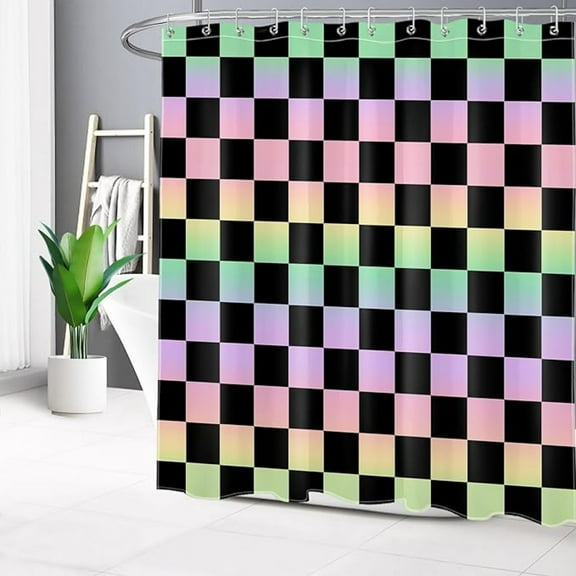 Colorful Checkered Shower Curtain Pink And Green Shower Curtain With Hooks Purple Retro Checkerboard Bathroom Decor Shower Curtain Sets 60"W x 72"L