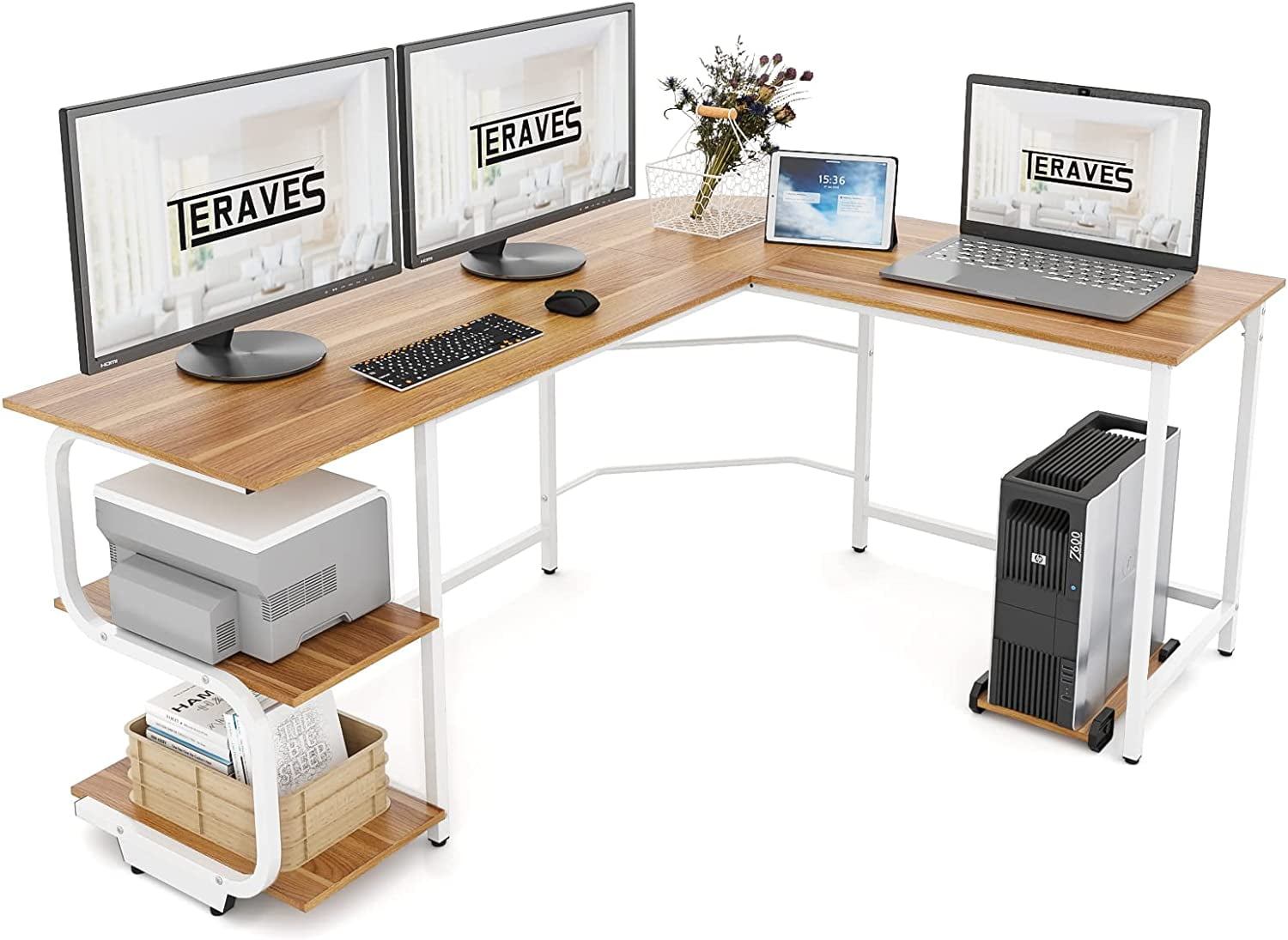 L Shaped Desk with Shelves Round Corner Computer Desk Gaming Table