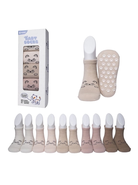 Toddler Grip Socks 1-3 Years, 5 Pairs Unisex Gift Set, Non-Slip Cotton Socks with Grippers for Boys & Girls
