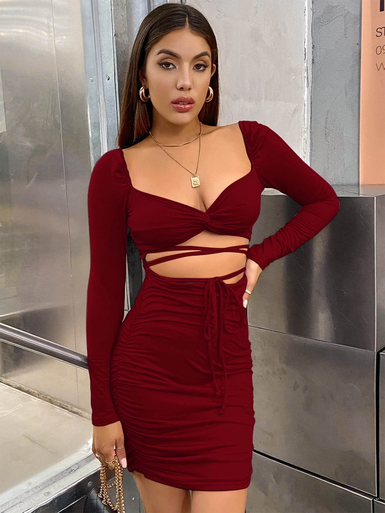 mid rise burgundy twist dress